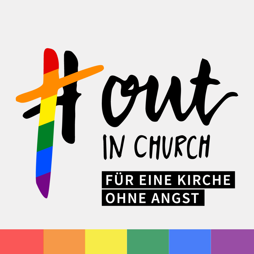 Logo der Aktion: Hashtag + Outinchurch + Regenbogenfahne + Für eine Kirche ohne Angst